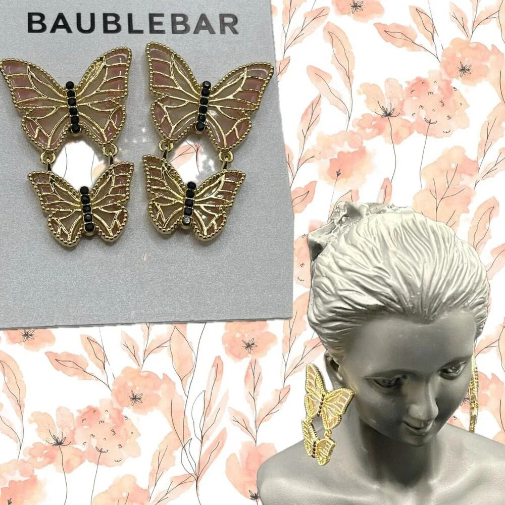 Baublebar Pink-Cream Detail Gold Graduated Linear Butterfly Drop Stud Earrings